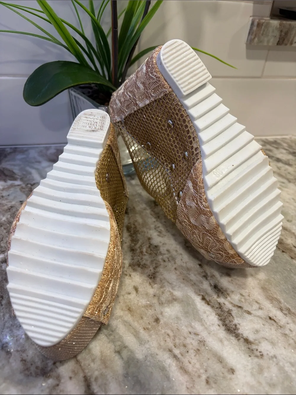 Gold Lace & Mesh Peep-Toe. Perfect for party, bridal party, festival or costume